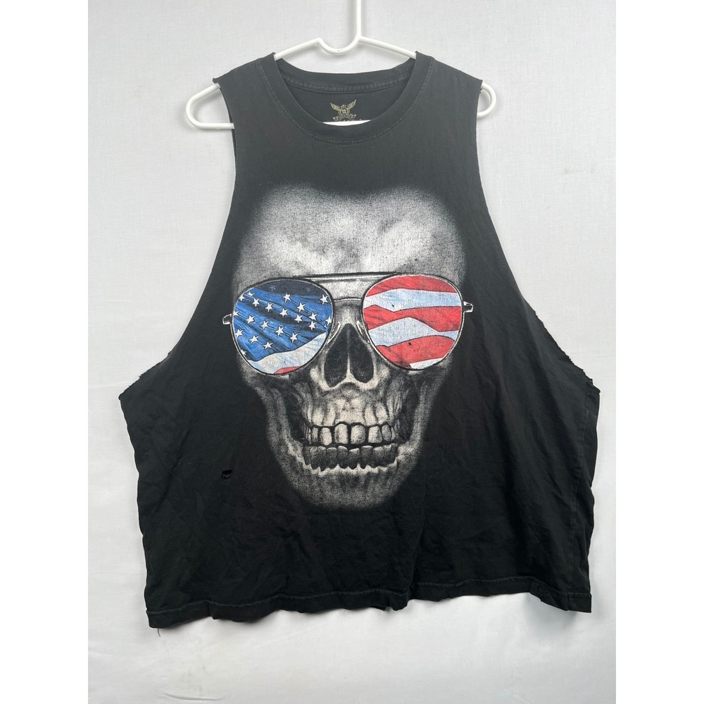 Faded Glory Mens Skull USA Flag Sunglasses Muscle Tank Top 2XL Black Distressed